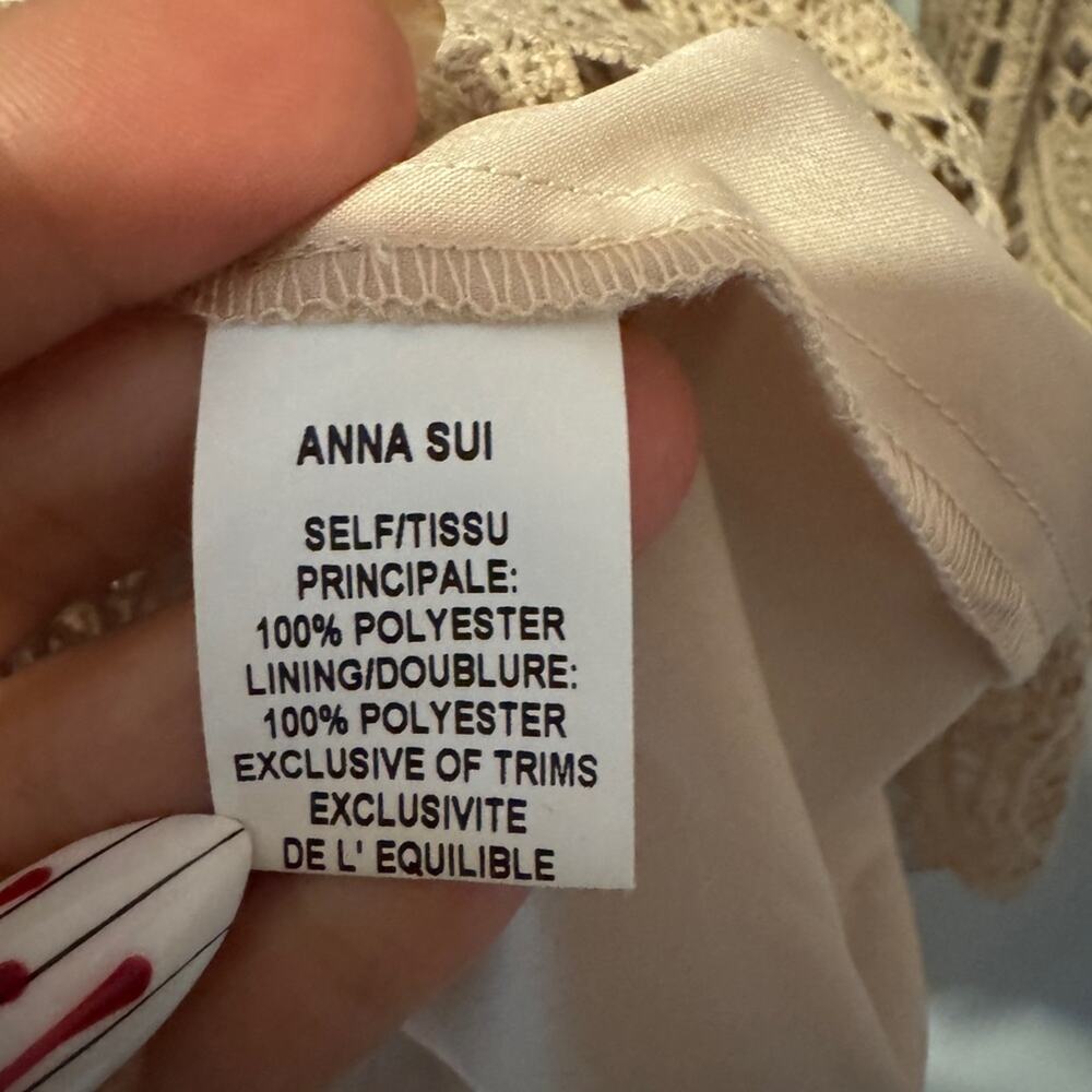 Anna Sui Rare Beige Lace Mock Neck lace overlay long sleeve mini dress size 4 - Picture 6 of 8